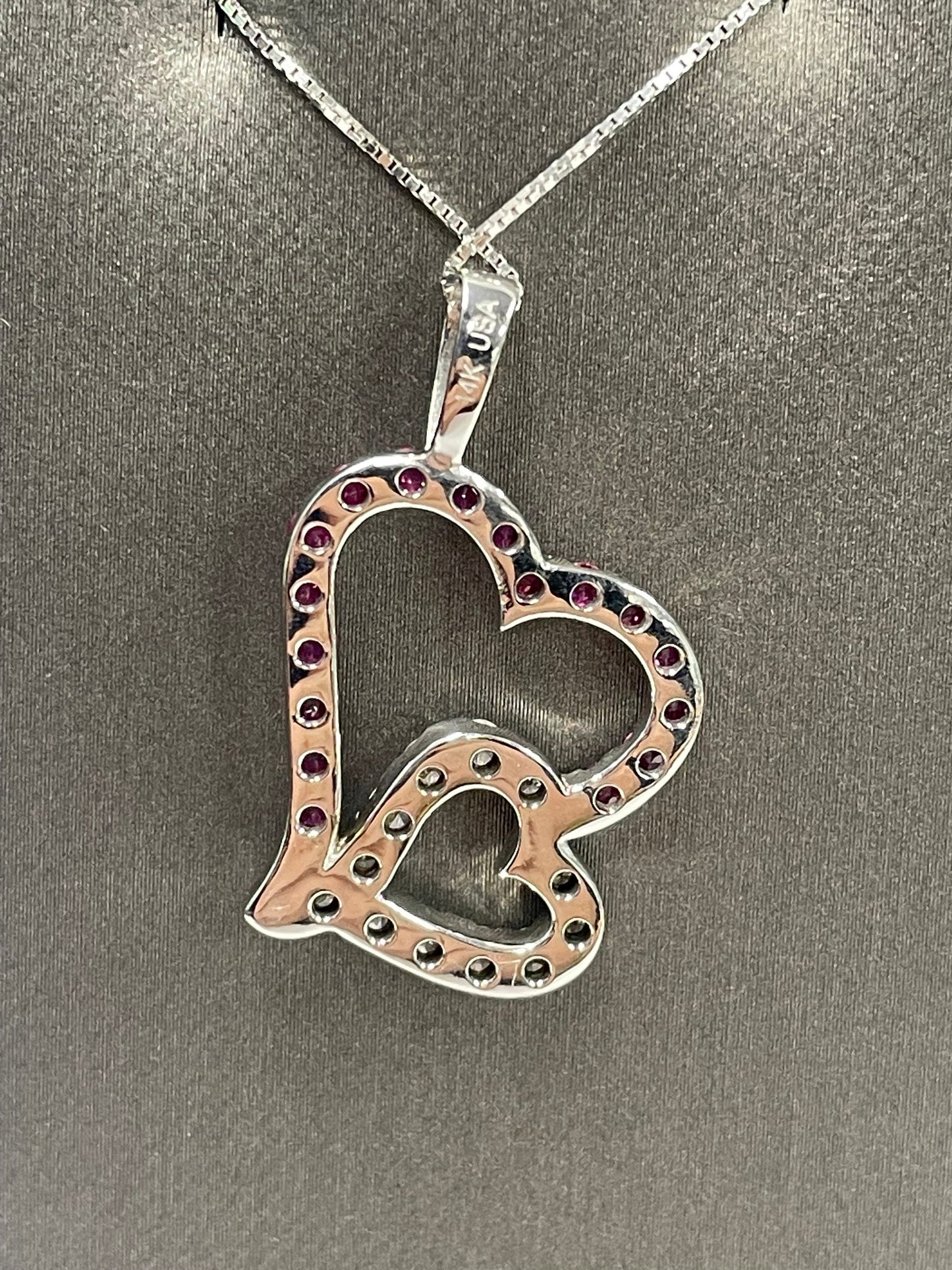 2 Heart Ruby & Diamond Pendant 14k White Gold