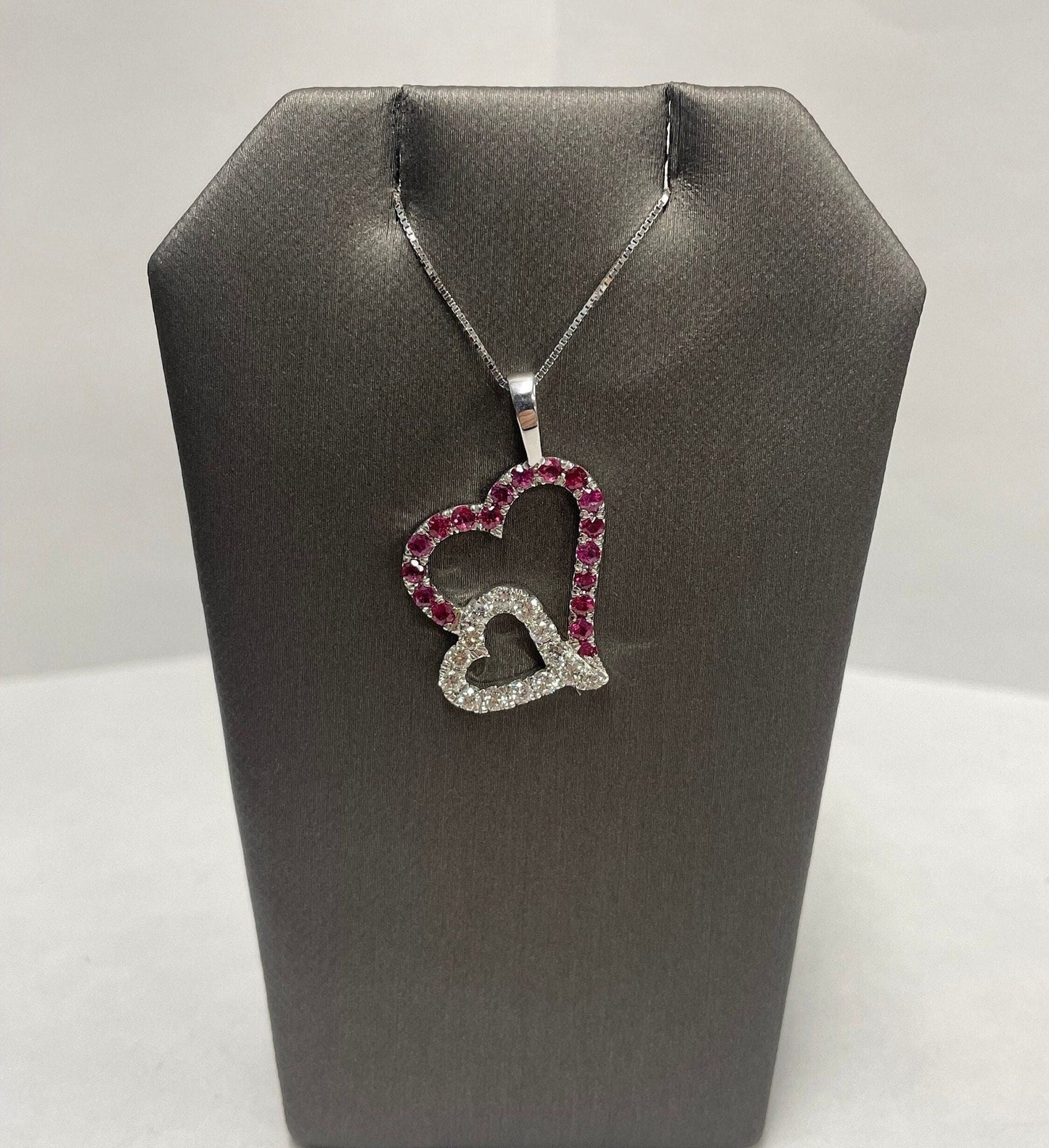 2 Heart Ruby & Diamond Pendant 14k White Gold