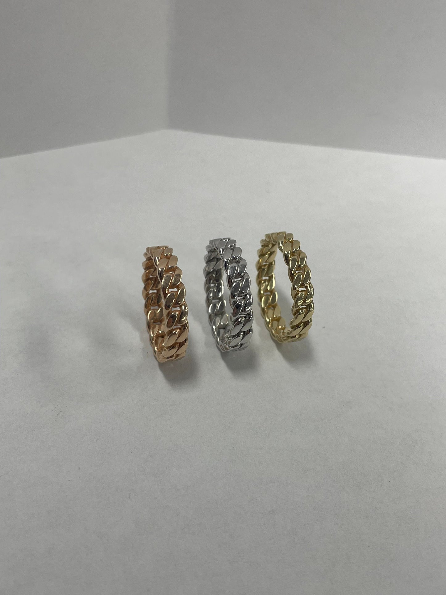 3 Cuban Link Rings in 14k White, Yellow and Rose Gold