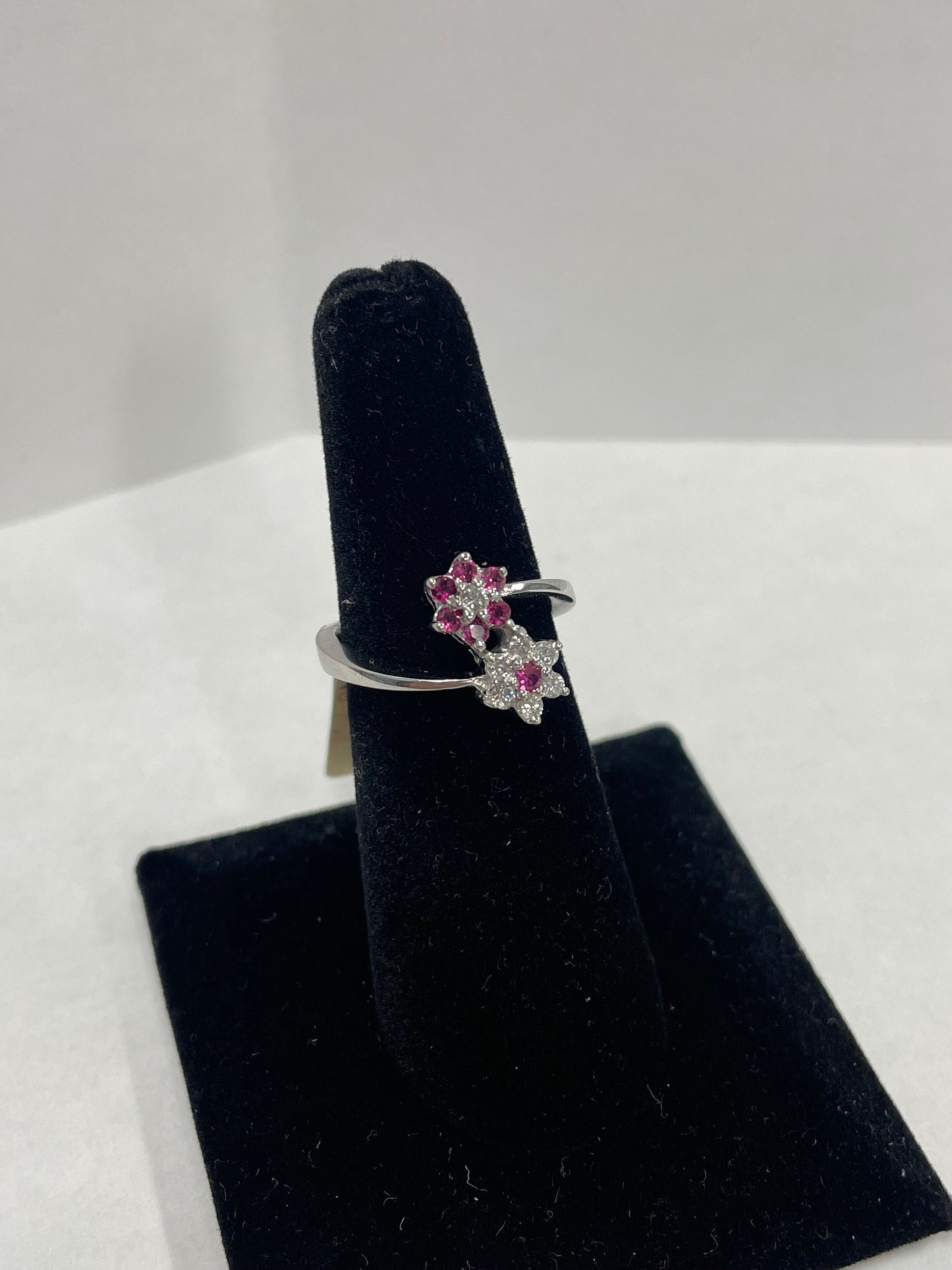 14k White Gold 2 Flower Ruby & Diamond Ring