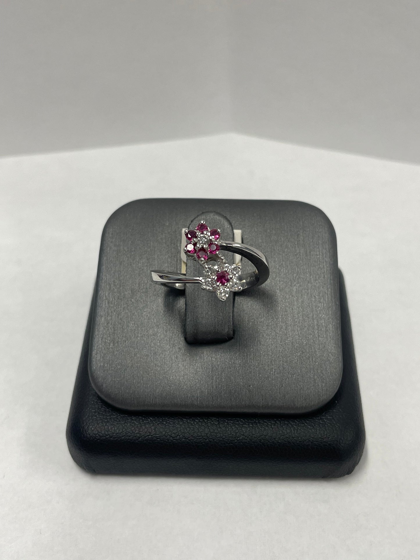 14k White Gold 2 Flower Ruby & Diamond Ring