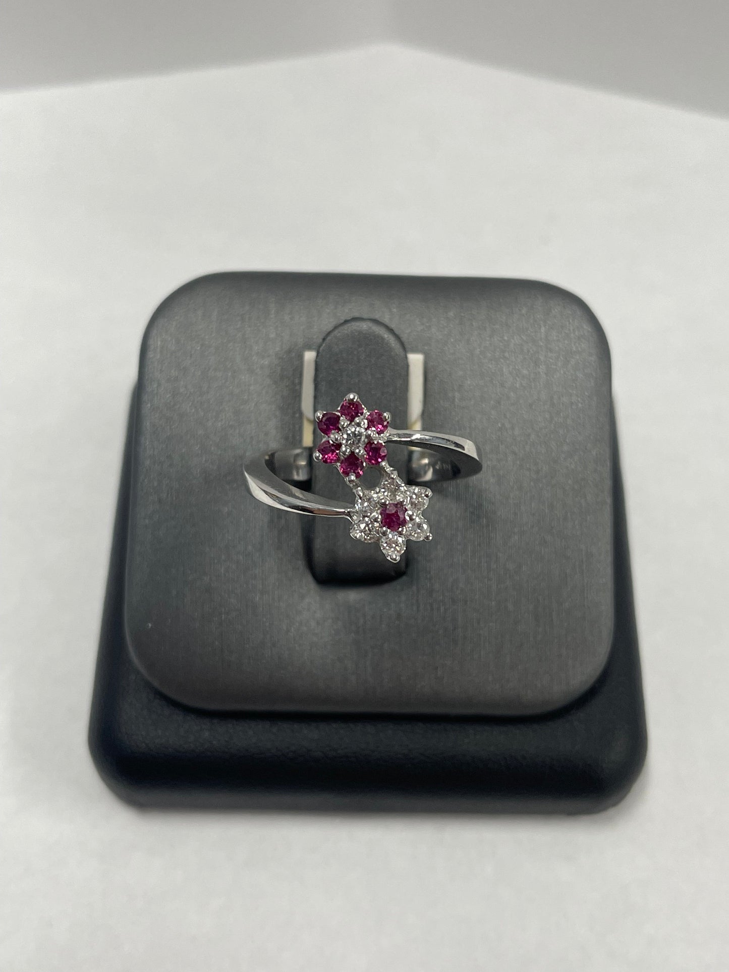 14k White Gold 2 Flower Ruby & Diamond Ring