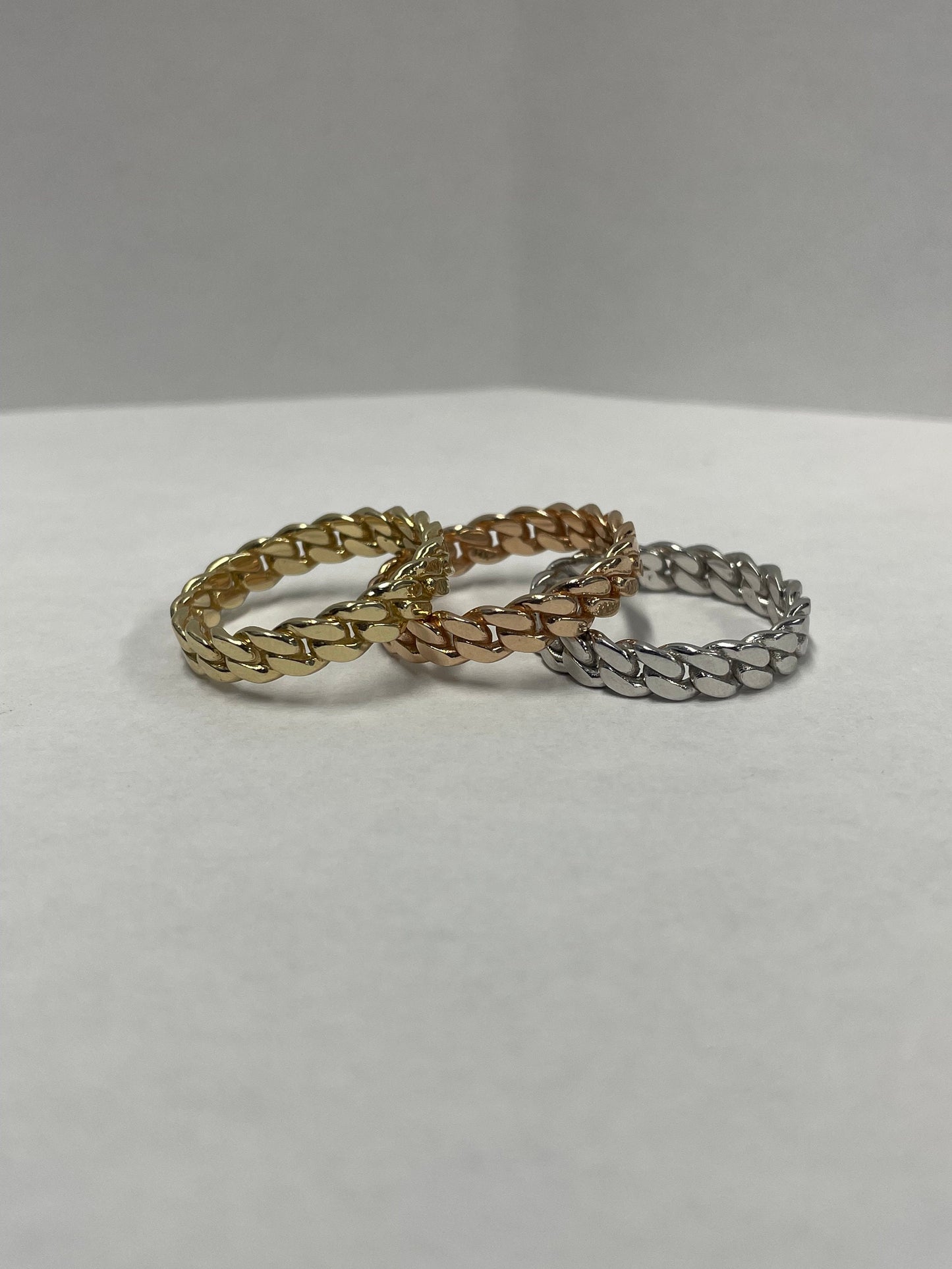 3 Cuban Link Rings in 14k White, Yellow and Rose Gold