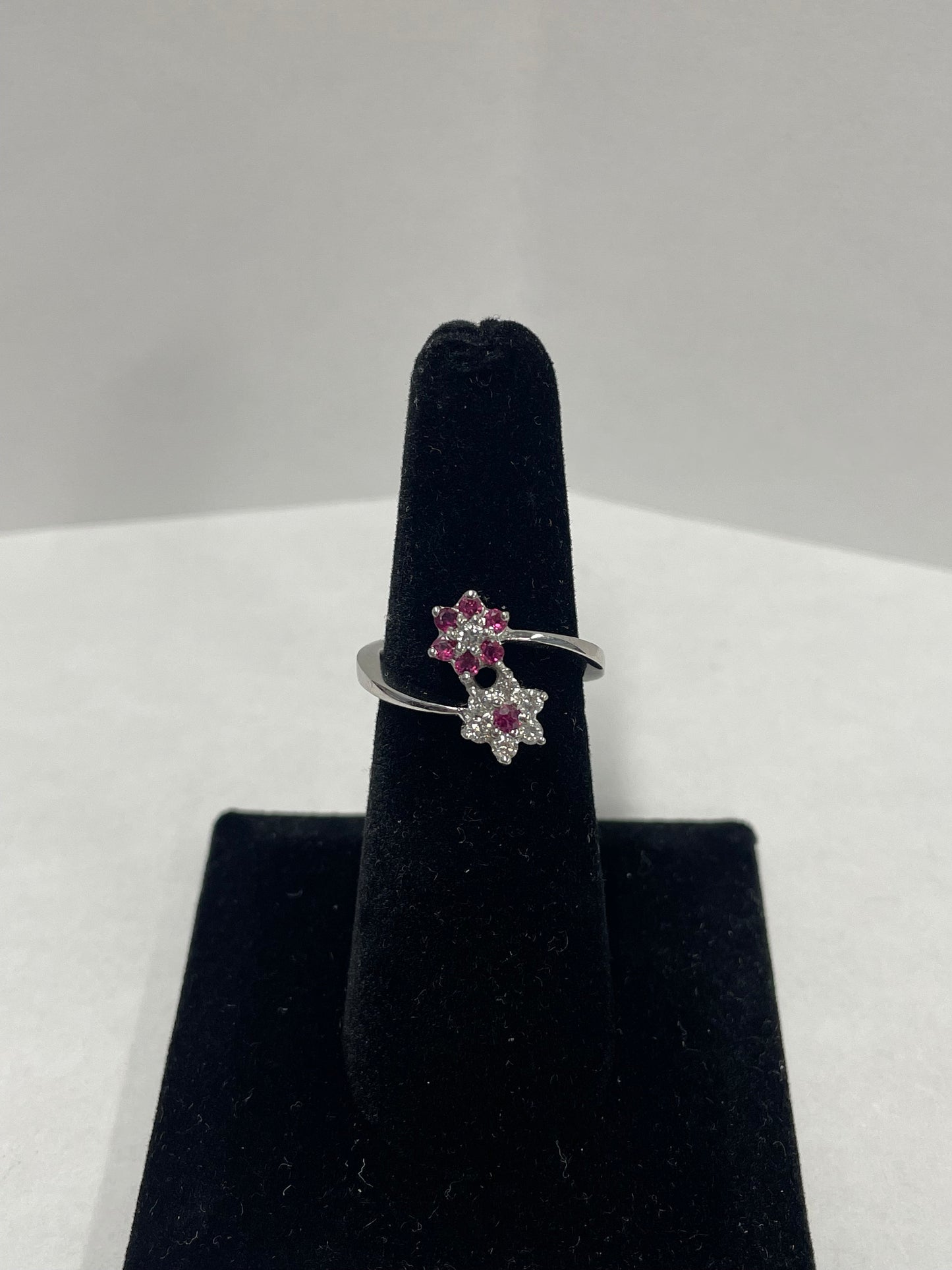 14k White Gold 2 Flower Ruby & Diamond Ring