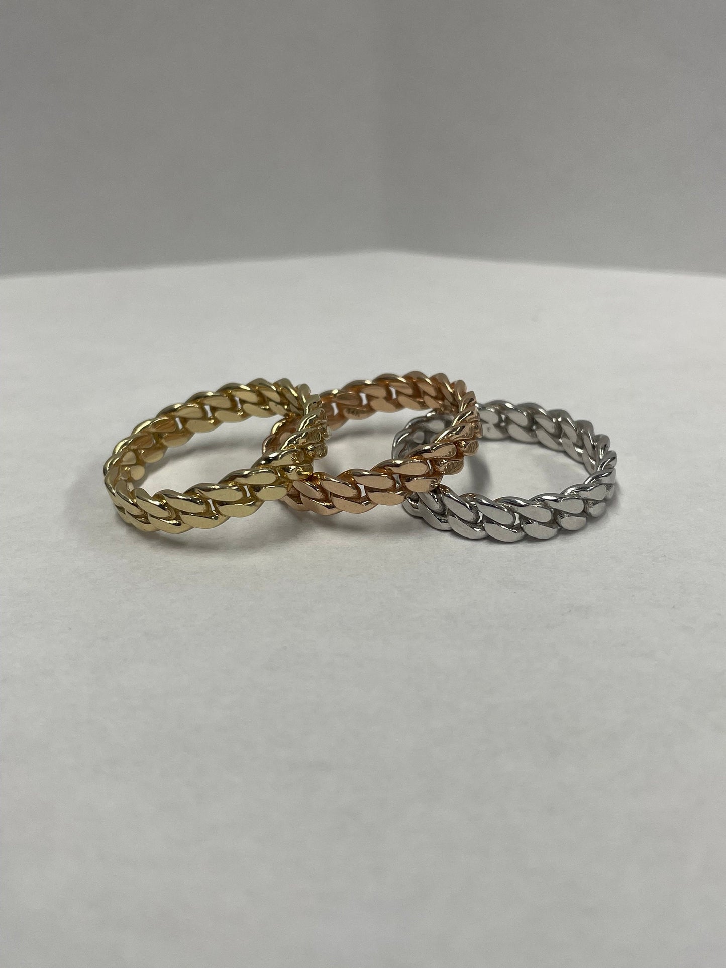 3 Cuban Link Rings in 14k White, Yellow and Rose Gold