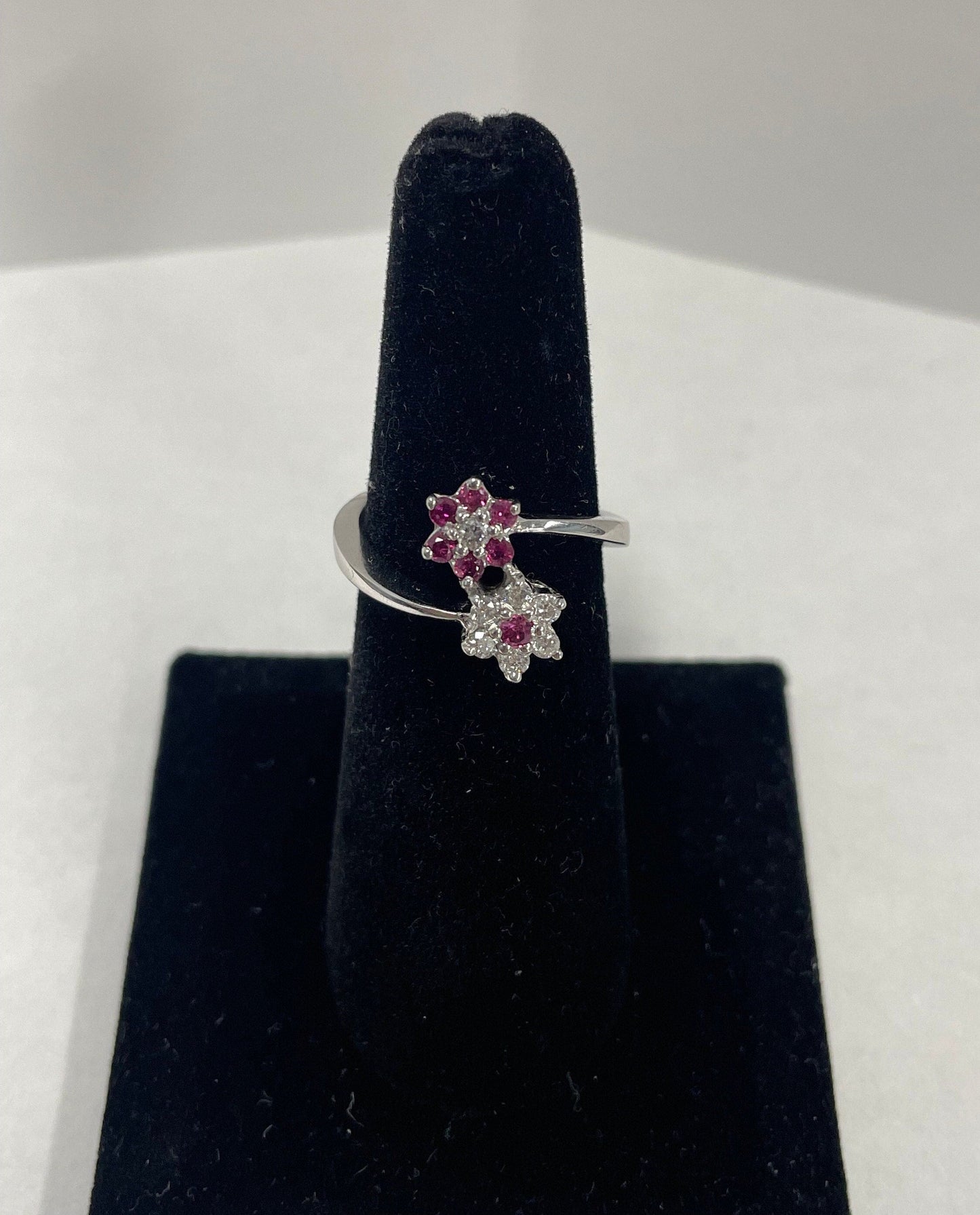 14k White Gold 2 Flower Ruby & Diamond Ring