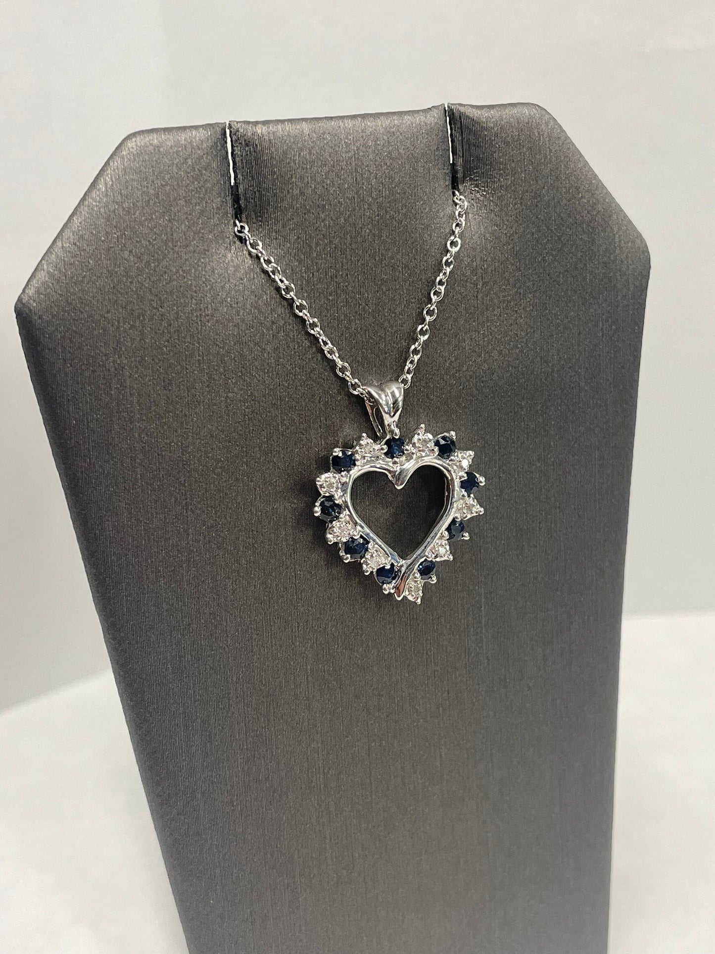 14k White Gold Diamond Sapphire Heart Pendant