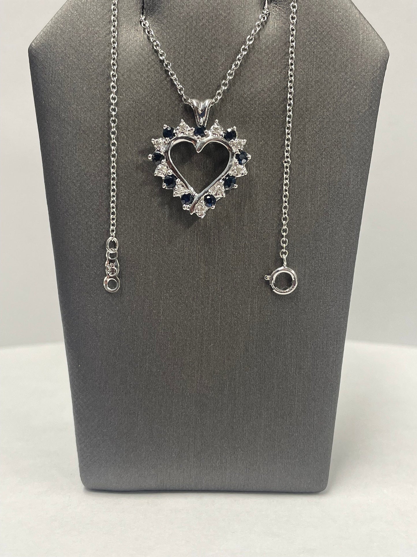 14k White Gold Diamond Sapphire Heart Pendant