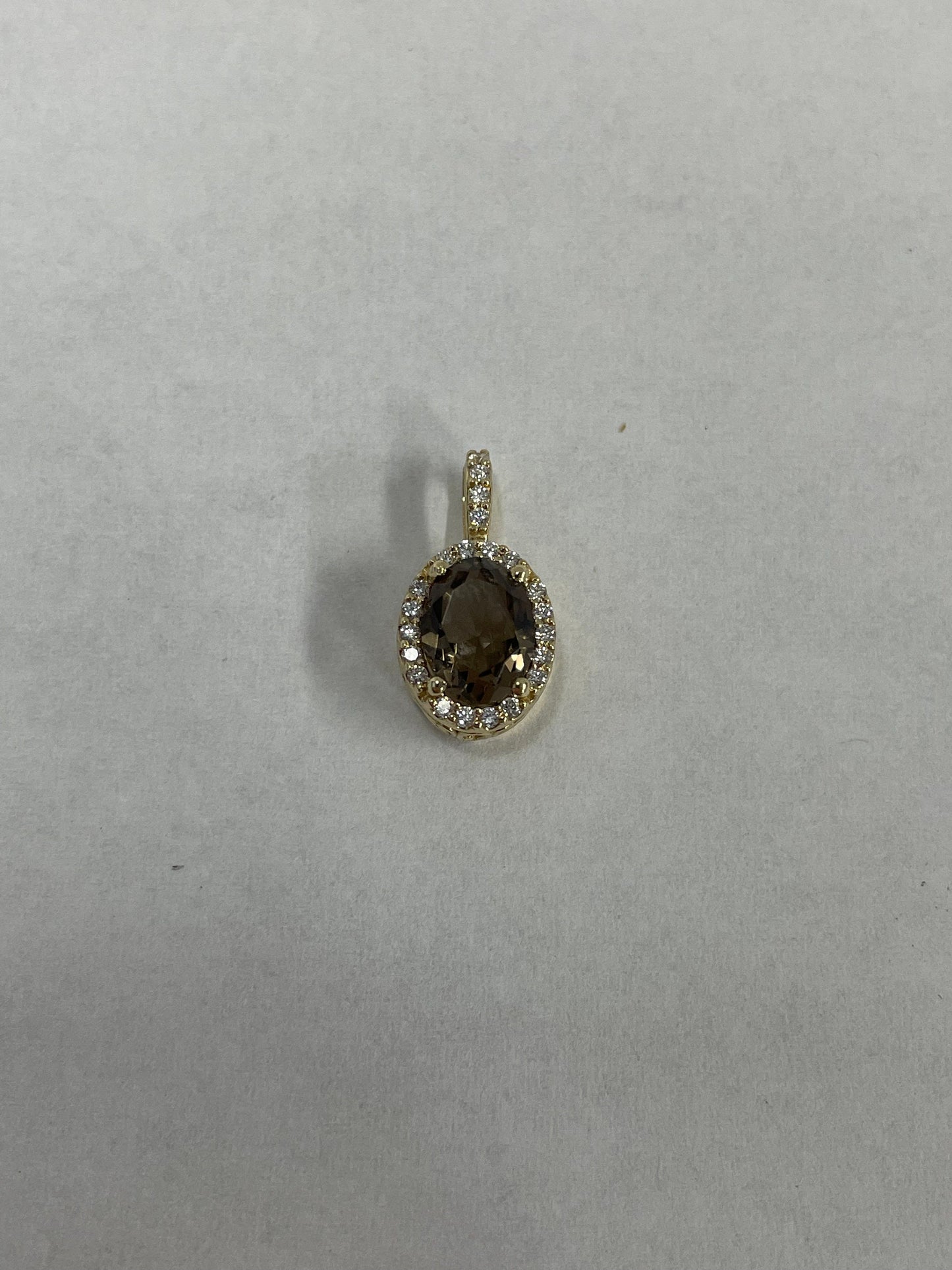 14k Yellow Gold Oval Smokey Quartz and Diamond Pendant