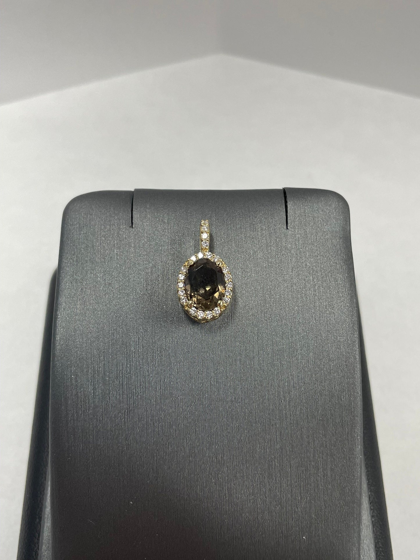 14k Yellow Gold Oval Smokey Quartz and Diamond Pendant