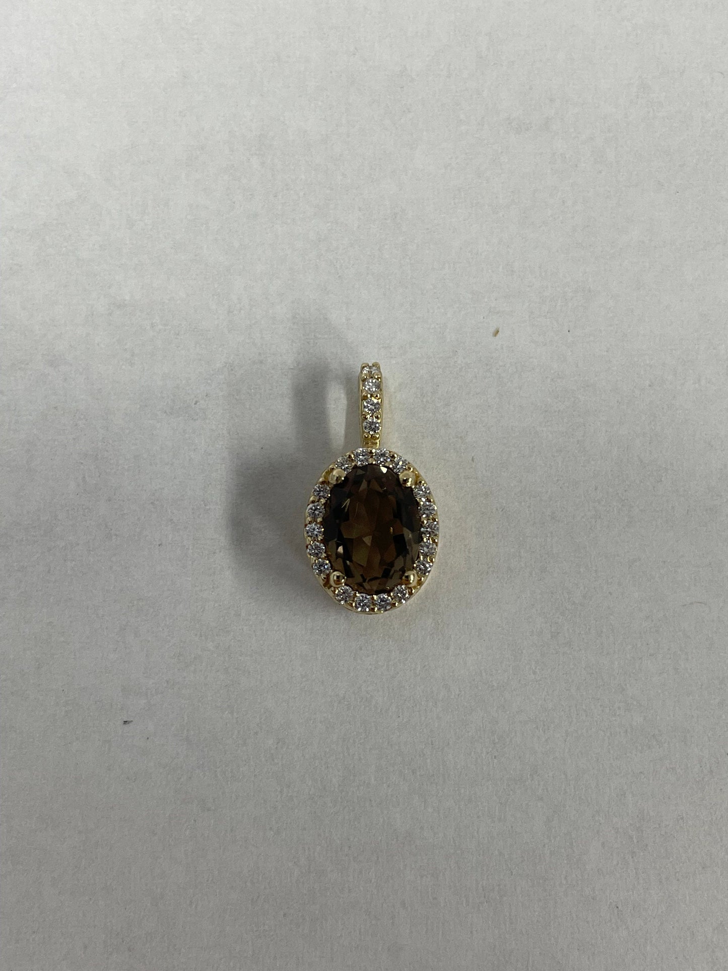 14k Yellow Gold Oval Smokey Quartz and Diamond Pendant