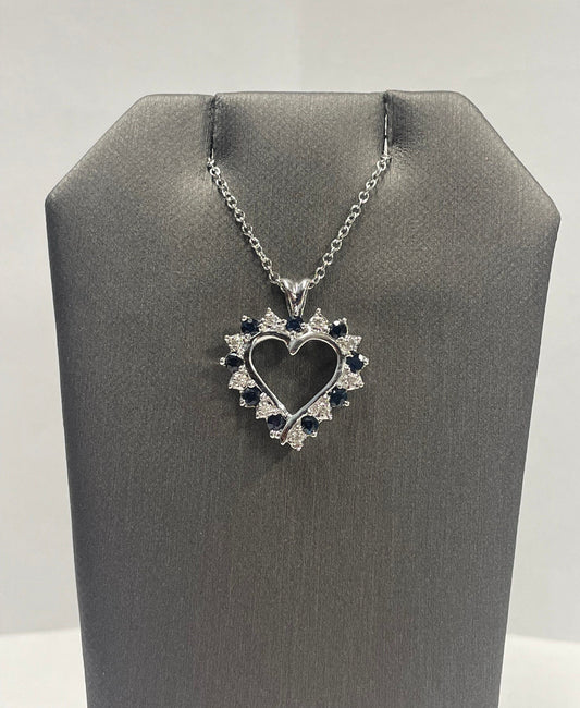 14k White Gold Diamond Sapphire Heart Pendant