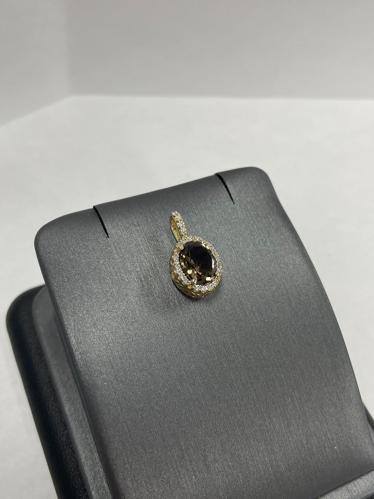 14k Yellow Gold Oval Smokey Quartz and Diamond Pendant