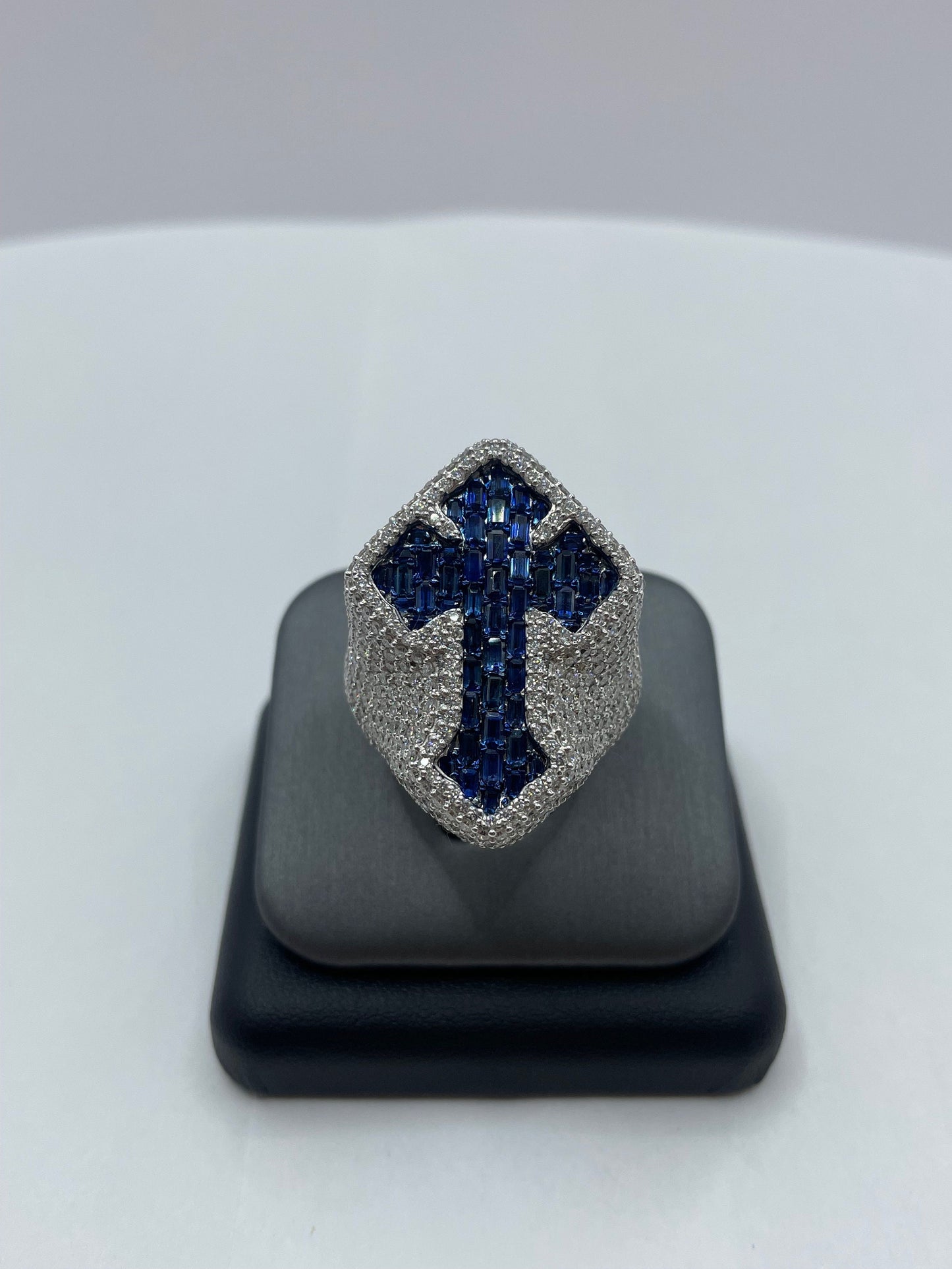 14k White Gold Blue Emerald Cut Sapphire & Diamond Cross Ring