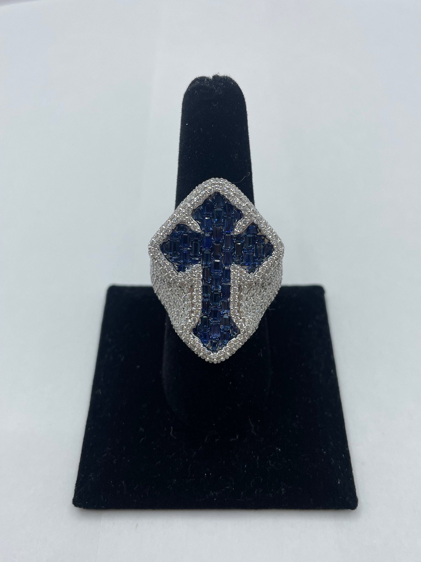 14k White Gold Blue Emerald Cut Sapphire & Diamond Cross Ring