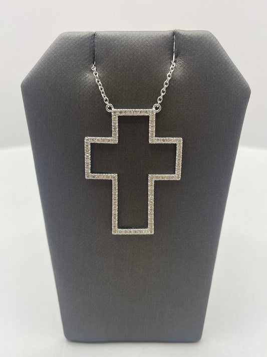 14k White Gold Diamond Cross Outline Pendant