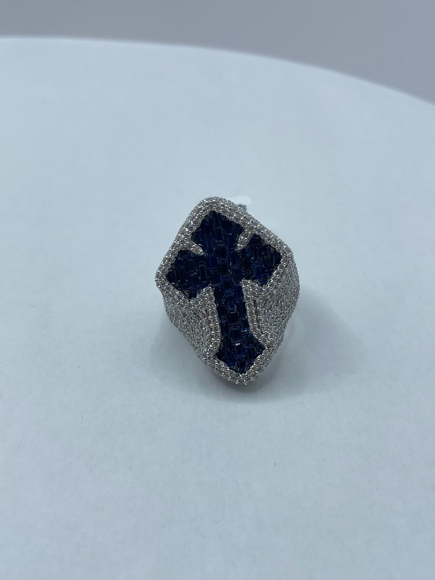 14k White Gold Blue Emerald Cut Sapphire & Diamond Cross Ring