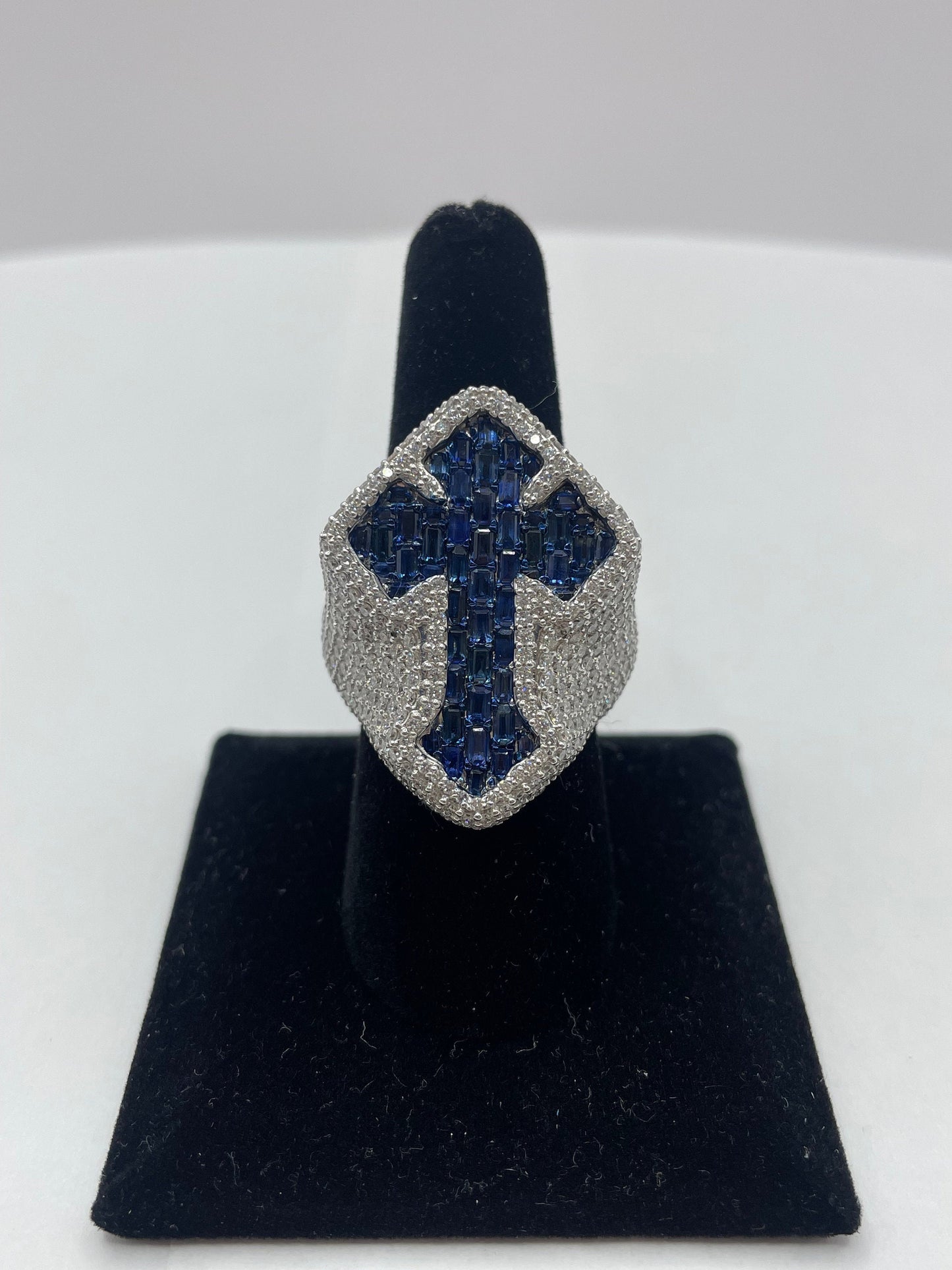 14k White Gold Blue Emerald Cut Sapphire & Diamond Cross Ring