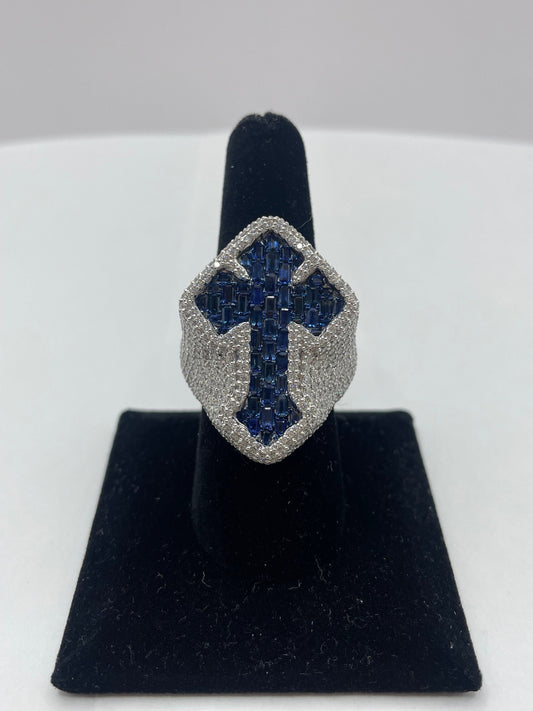 14k White Gold Blue Emerald Cut Sapphire & Diamond Cross Ring