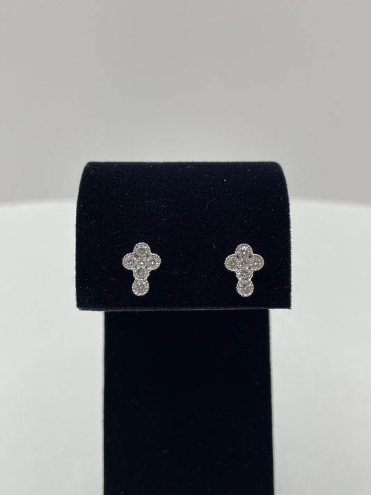 14k White Gold Floral Cross Diamond Earrings