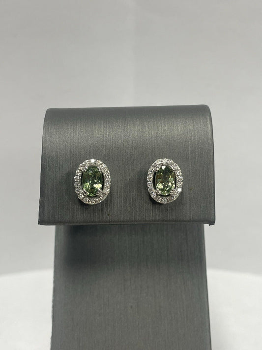 14k White Gold - Green Sapphire Diamond Earrings