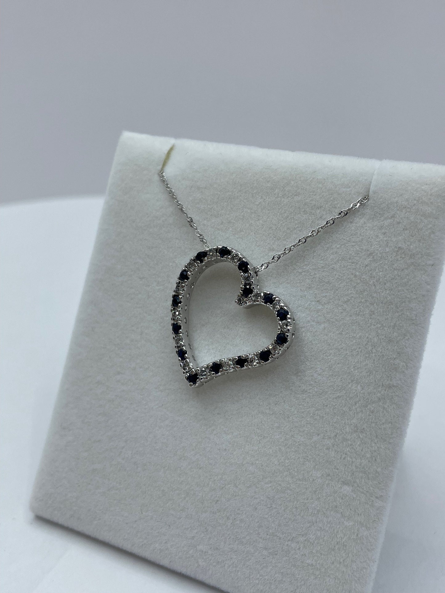 14k White Gold Sapphire - Diamond Heart Pendant