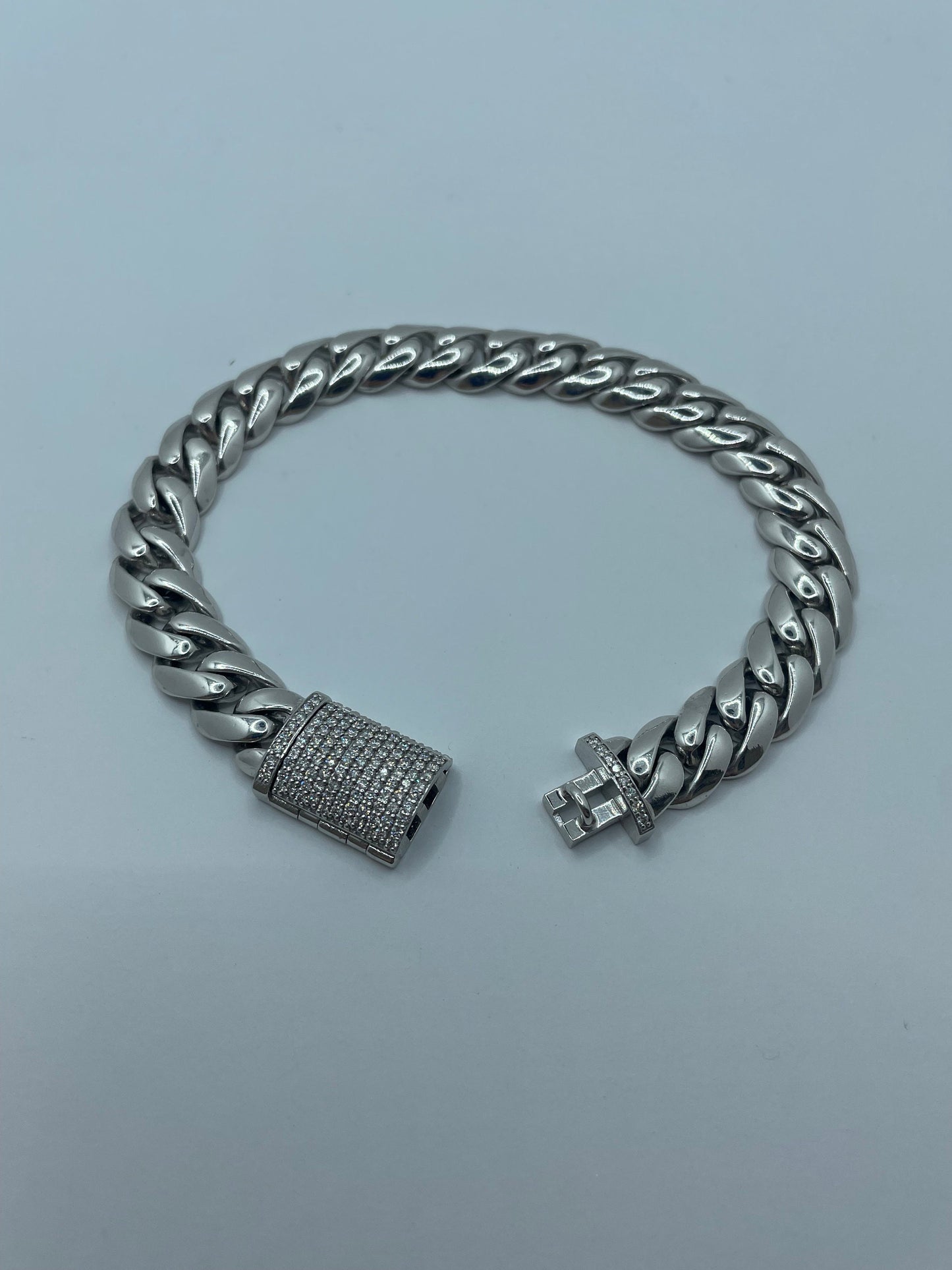 14k White Gold Cuban Link Bracelet Diamond Clasp 8.25 inch