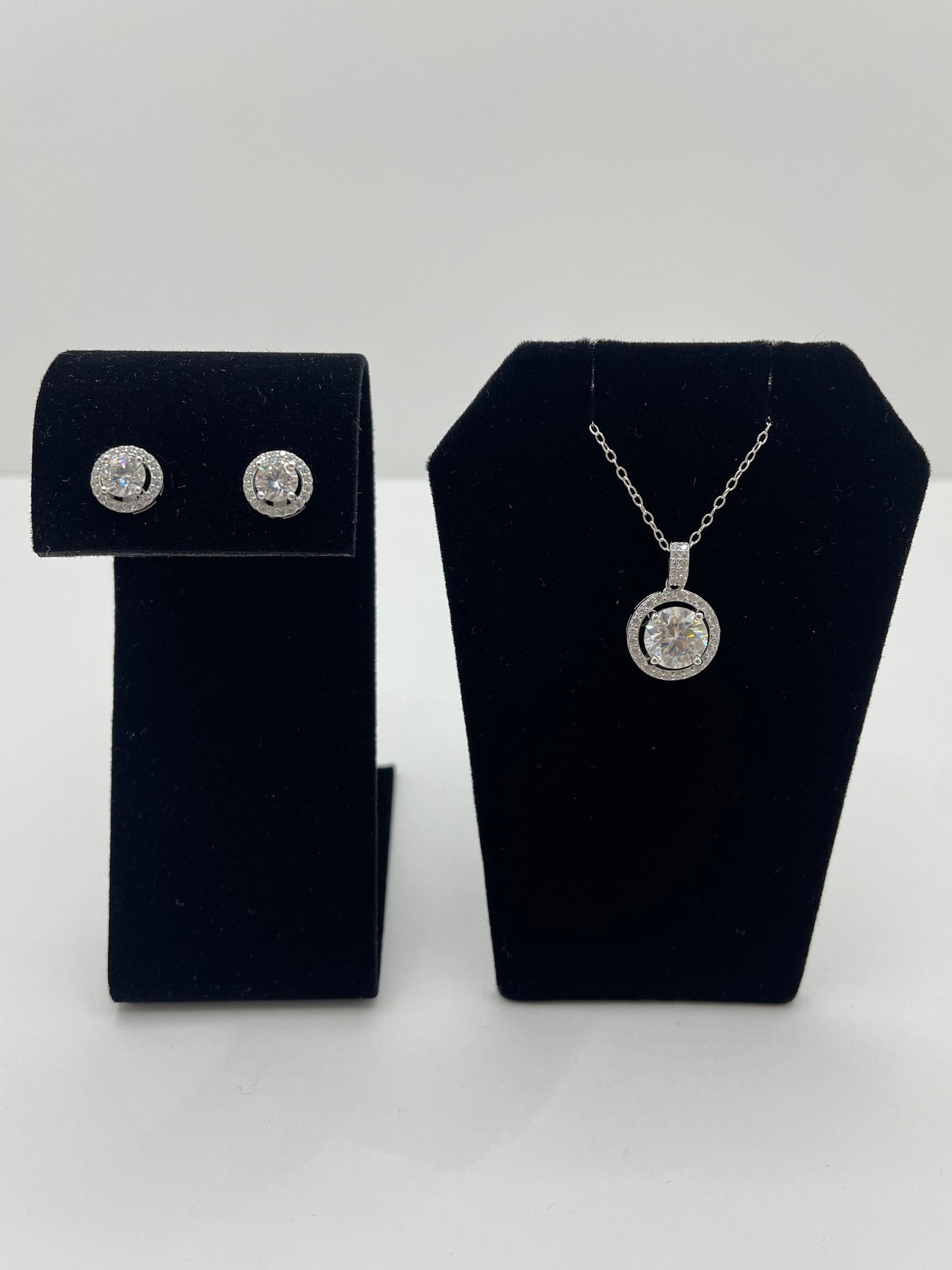 Moissanite Halo Earring and Pendant Jewelry Set .925 Silver