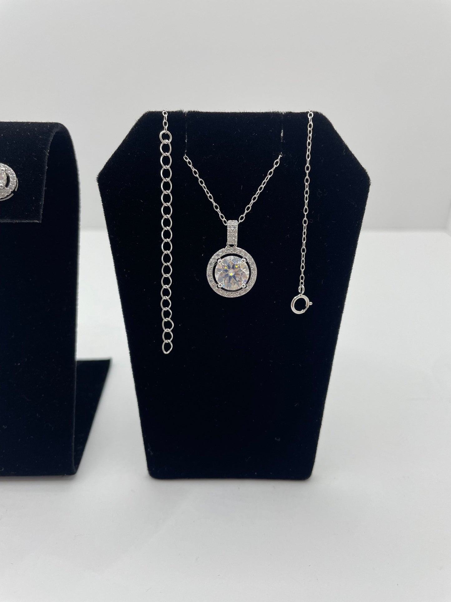 Moissanite Halo Earring and Pendant Jewelry Set .925 Silver