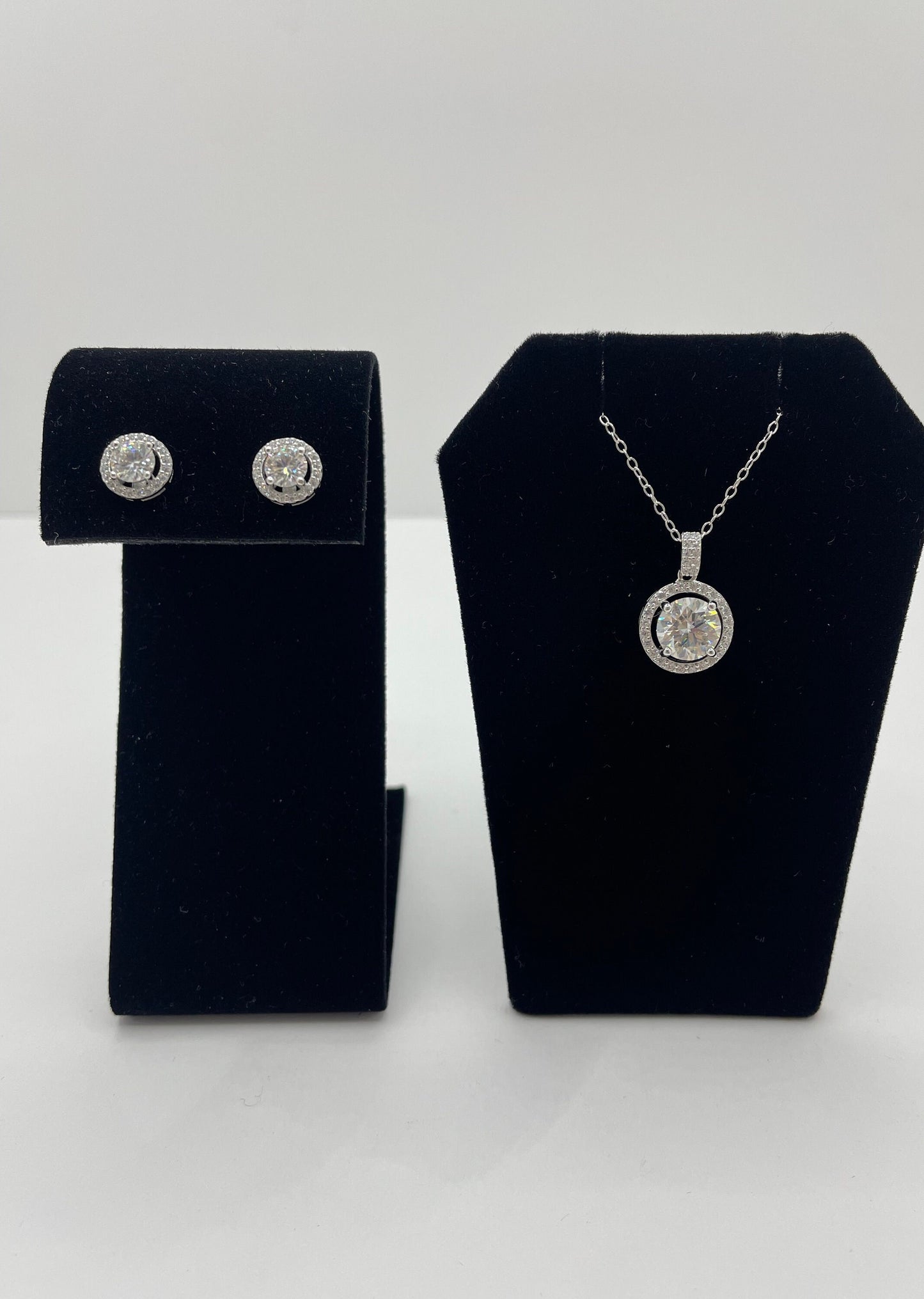 Moissanite Halo Earring and Pendant Jewelry Set .925 Silver